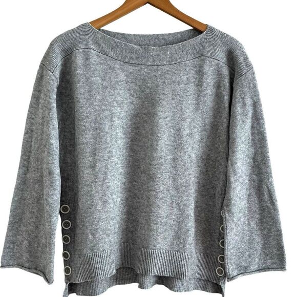 Anthropologie Boat Neck Pullover Sweater S Gray Oversized Buttons Preppy Boho - Picture 1 of 10